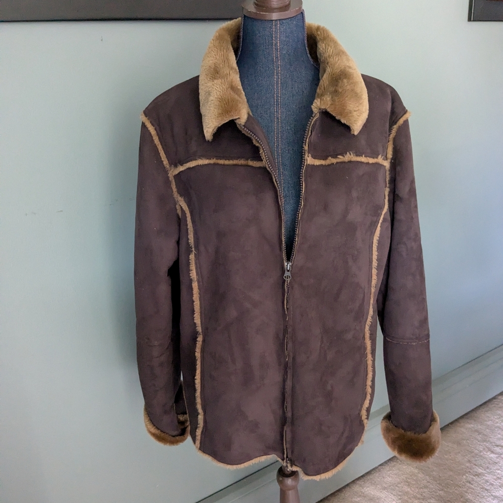 Coat Bomber Jacket Women Large Faux Suede & Fur Trim Full 2-Way Zip EUC Western